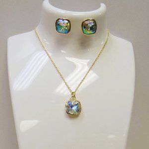 Gold Iridescent Stone Charm Necklace Pendant Set Wedding Bridal Prom